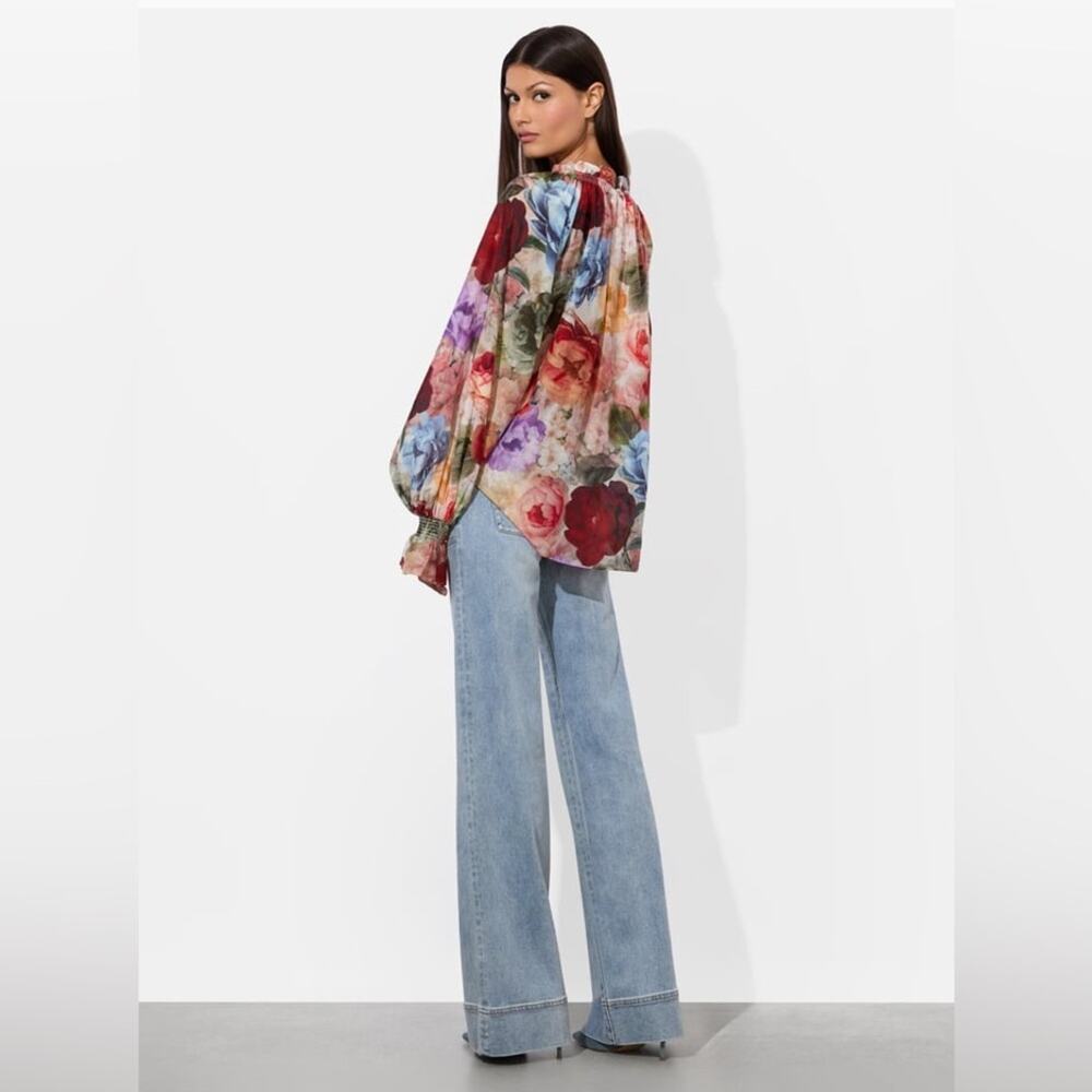 Alice + Olivia Norah Peasant Cotton & Silk Blouse in Storm Floral M - Picture 6 of 10